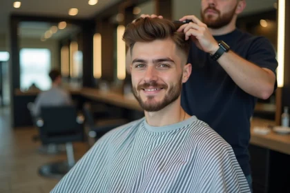 Jeune homme en coiffure taper fade dans un salon moderne