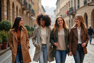 Groupe de jeunes femmes européennes marchant dans une ville historique