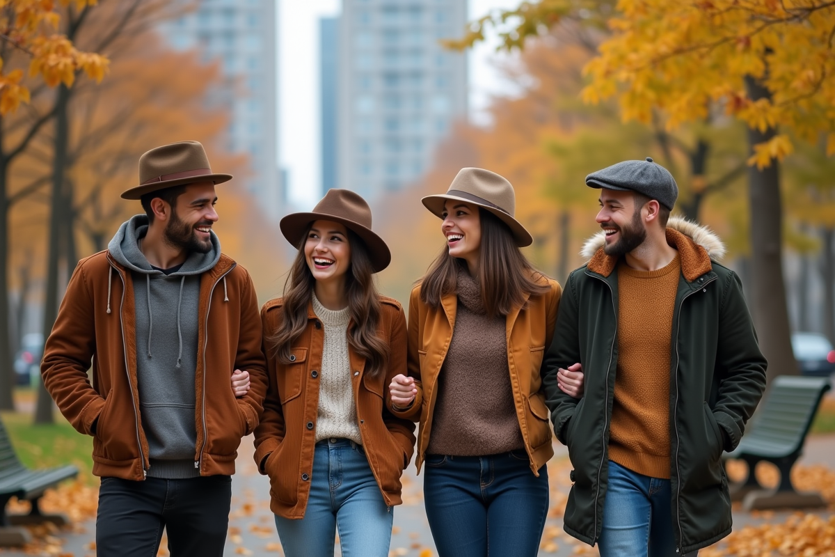 Groupe de jeunes portant différents chapeaux dans un parc en automne