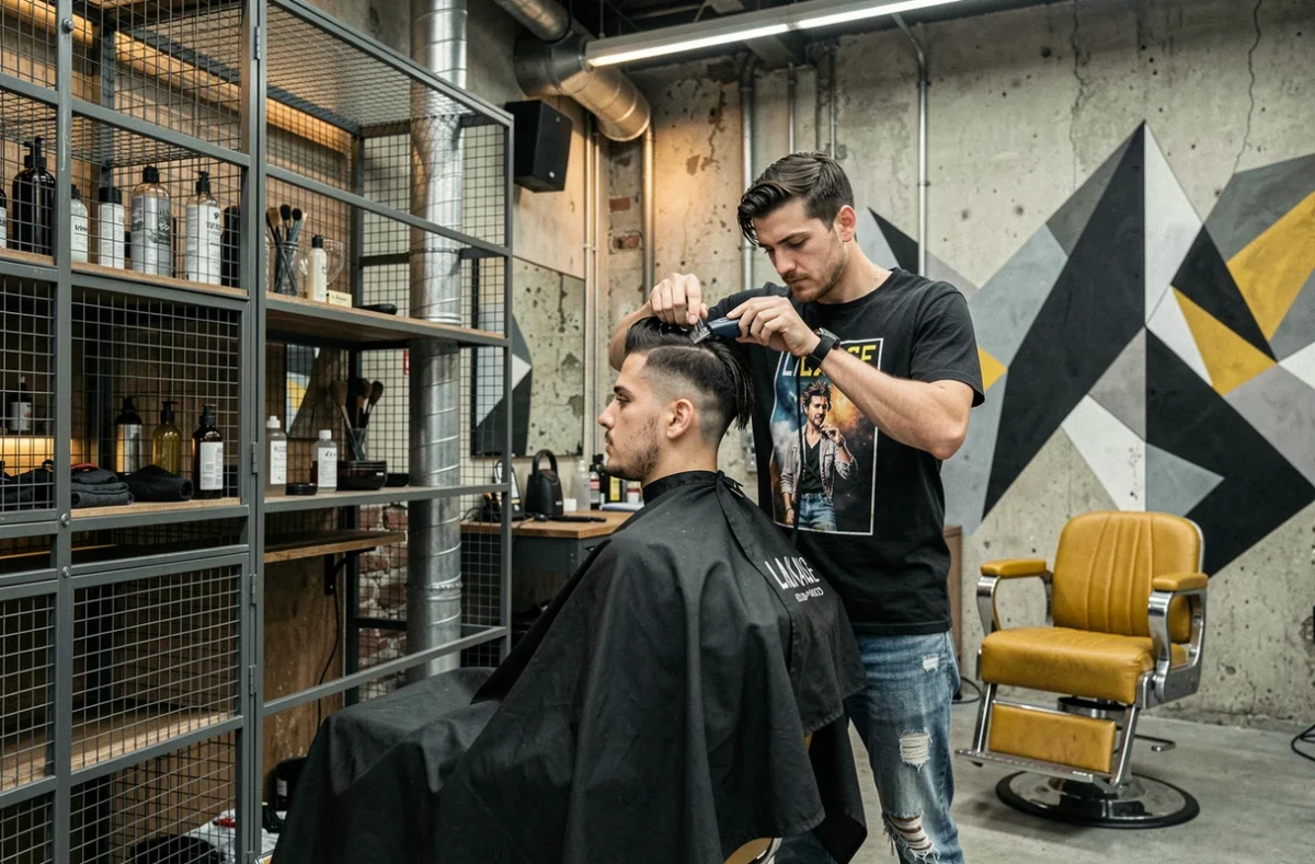Coiffeur réalisant un undercut dans le salon La Kage à Nantes, ambiance industrielle urbaine avec murales géométriques