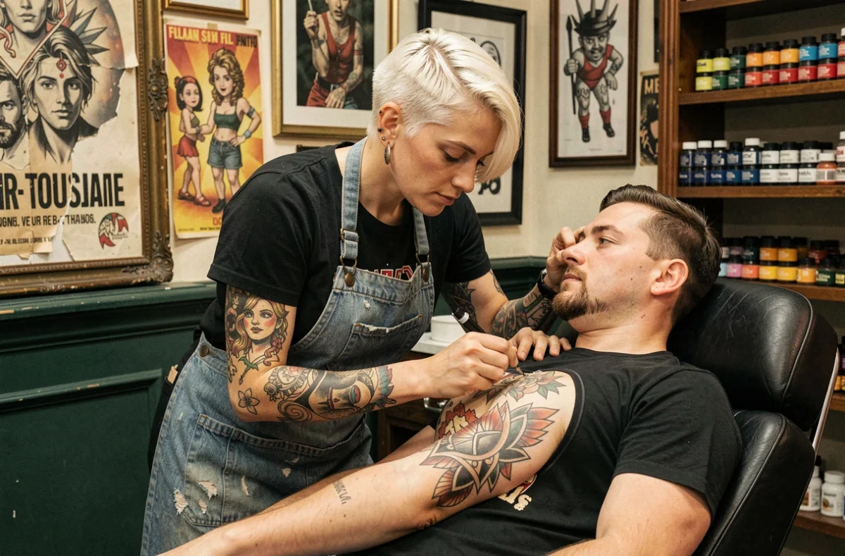 Artiste tatoueur de La Saloperie à Montpellier travaillant sur un tatouage néo-traditionnel dans un studio au décor éclectique et vintage