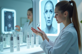 Laboratoire de soins futuristes avec femme testant un serum