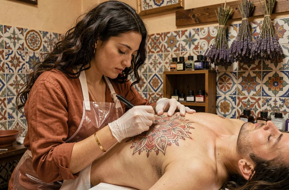 Laure de Aurys tatouant un mandala floral sur les côtes d'une cliente dans son studio aux influences catalanes à Perpignan