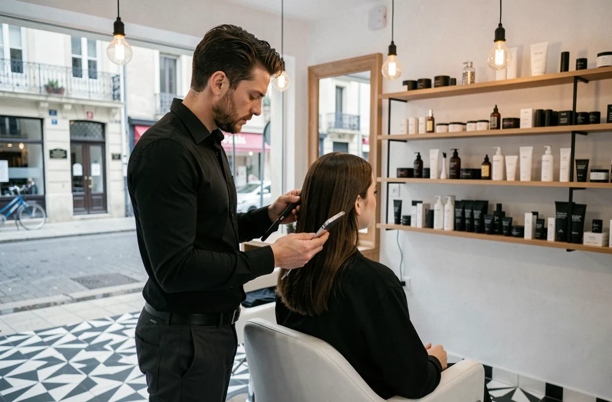 Le coiffeur Laurent Mathéo à La Rochelle vérifiant une coupe sur une cliente dans son salon contemporain