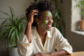 Jeune femme noire appliquant un masque avocat cheveux