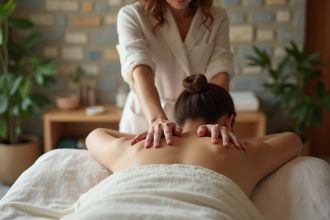 Femme recevant un massage dans un spa calme et naturel
