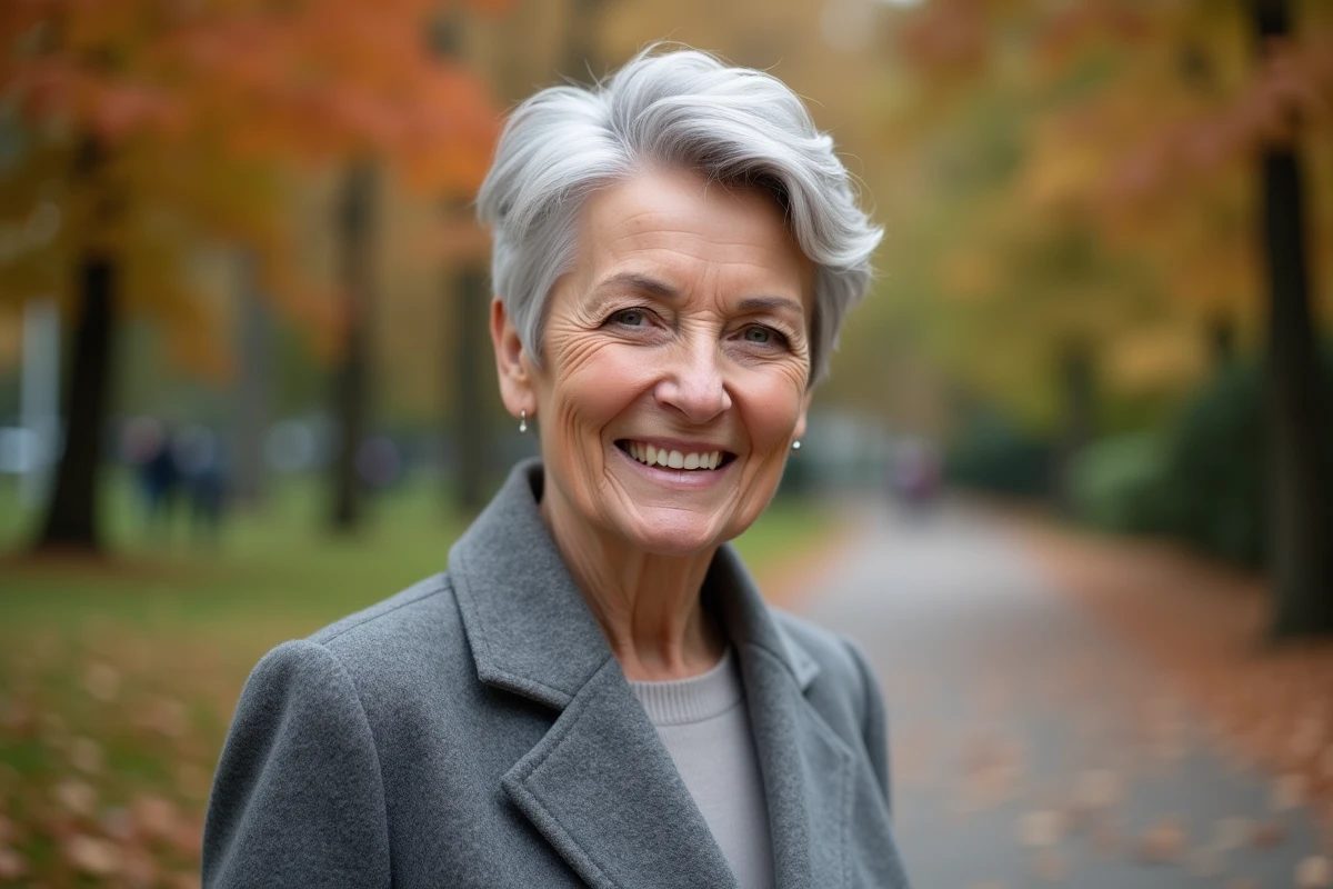 Femme aux cheveux courts gris avec mèches platine et cendré, peau rosée, en manteau gris dans un parc urbain en automne