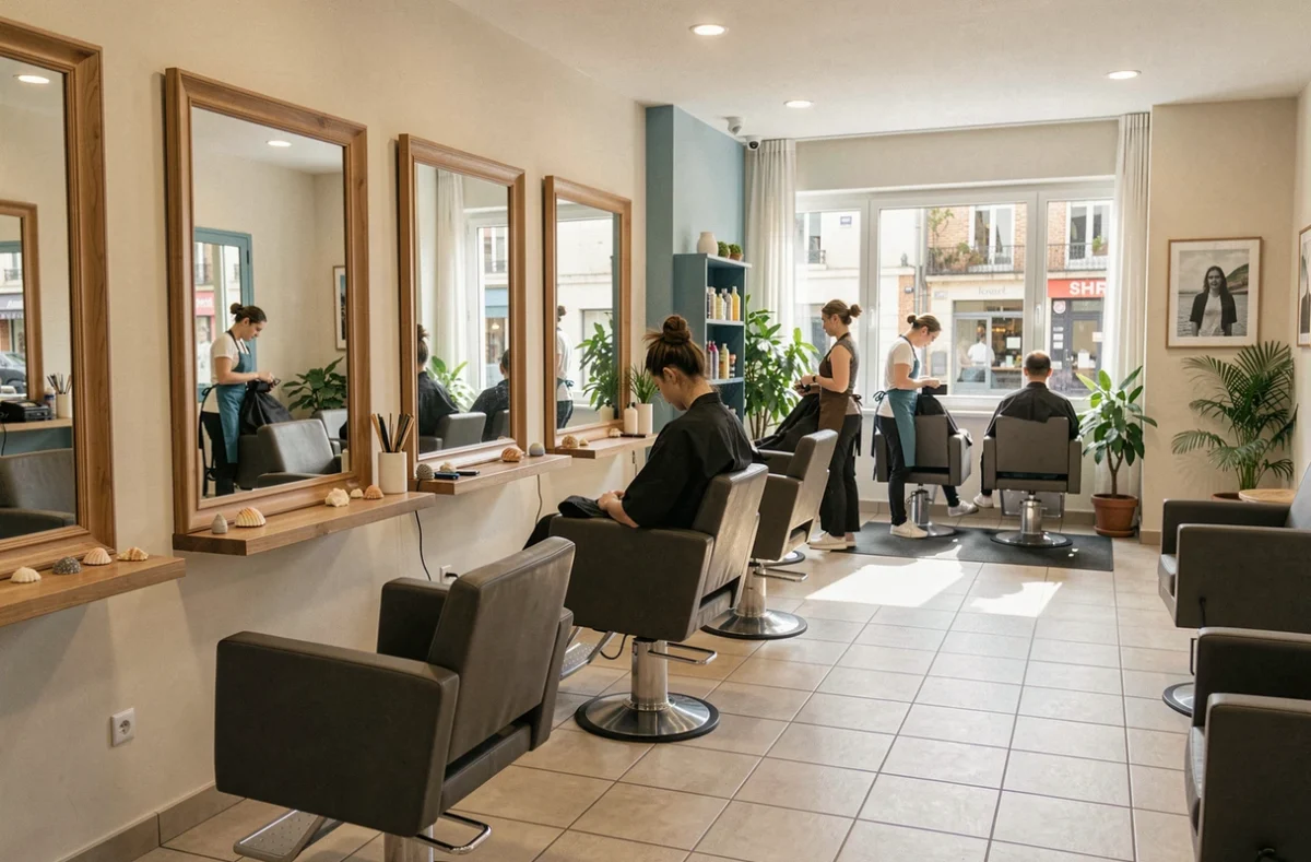 Intérieur d'un salon de coiffure moderne en Charente-Maritime avec rangée de fauteuils, miroirs et coiffeurs au travail