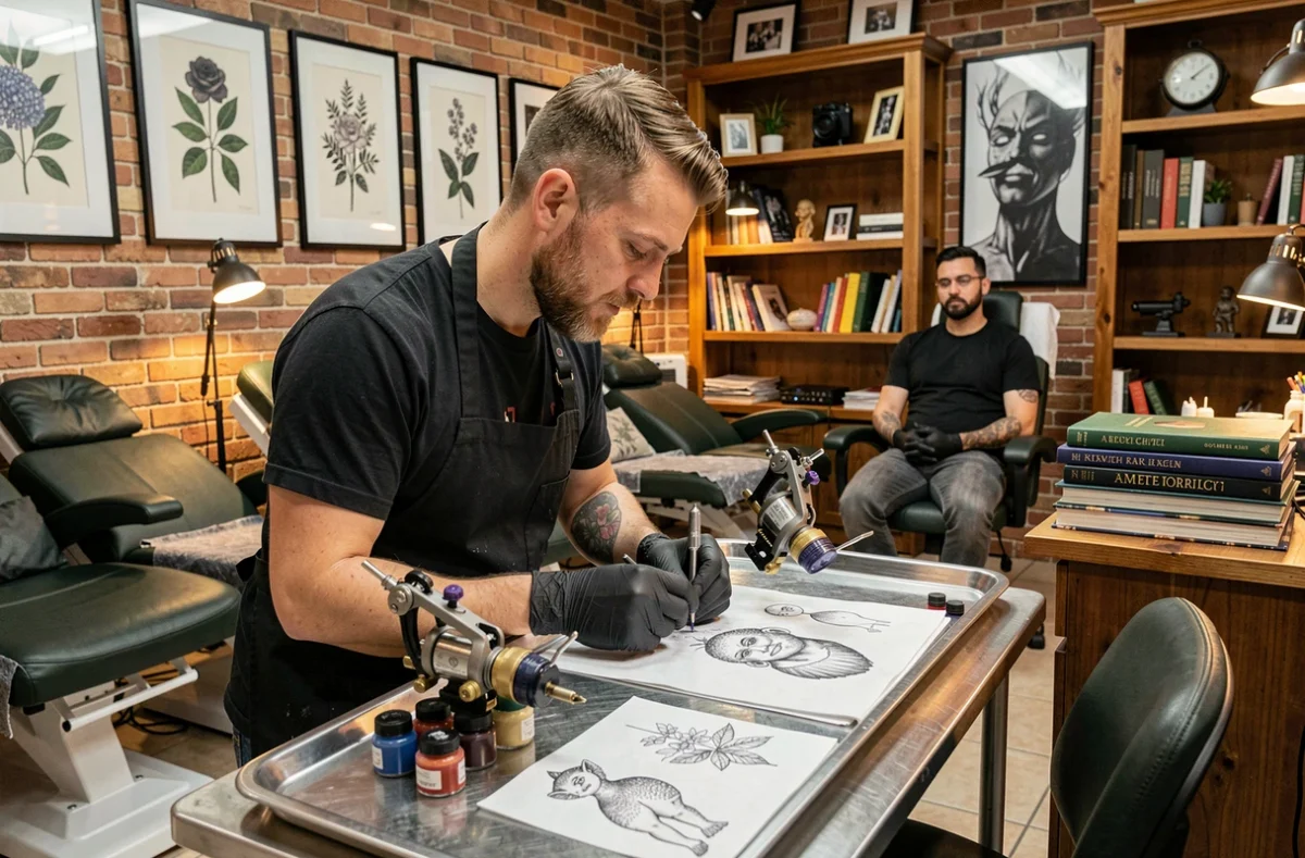 Studio de tatouage en Occitanie avec un tatoueur au travail entouré de références artistiques et de matériel professionnel