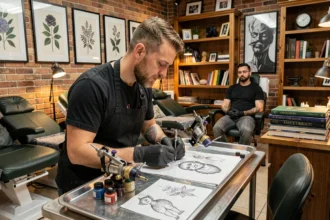 Studio de tatouage en Occitanie avec un tatoueur au travail entouré de références artistiques et de matériel professionnel