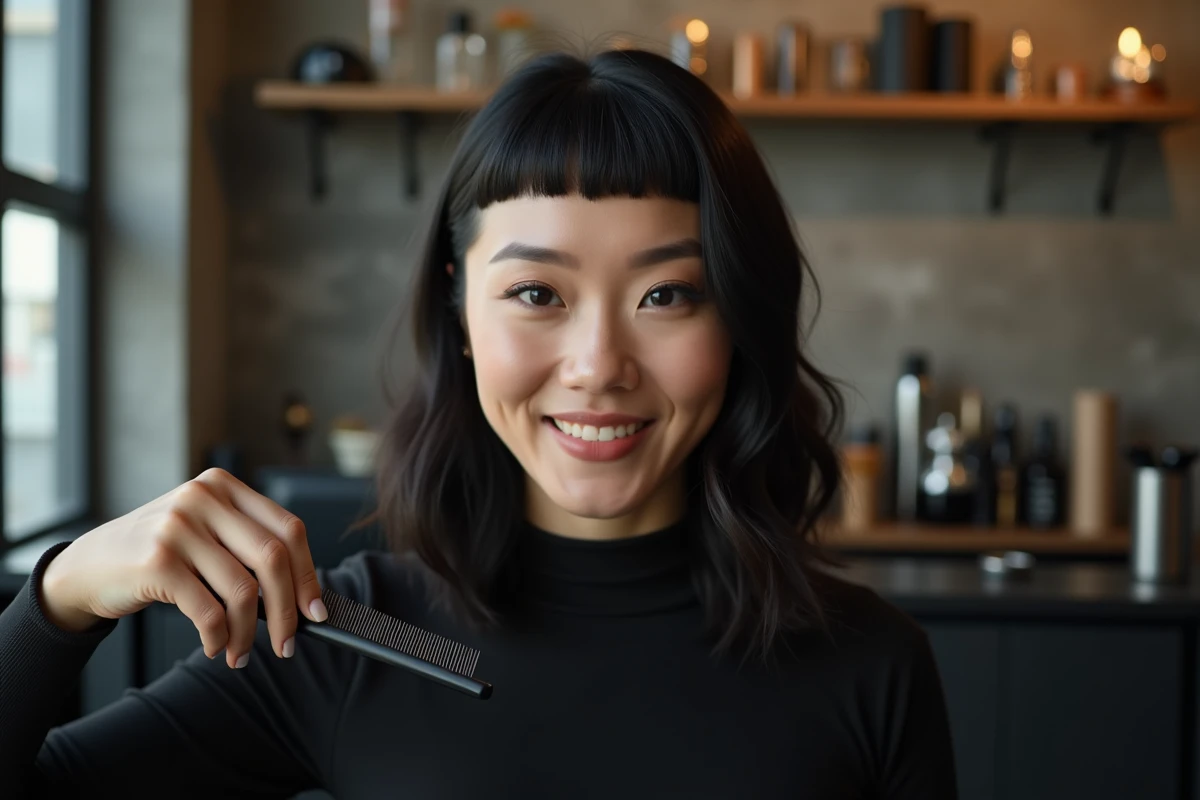 Coiffeuse professionnelle avec une micro-frange nette sur visage rond dans un studio de coiffure contemporain urbain