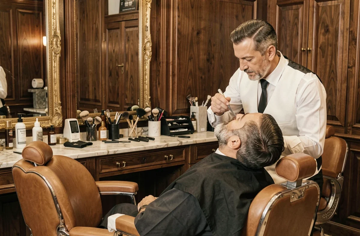 Barbier au salon Monsieur Albert à La Rochelle rasant un client dans un décor de barbershop classique