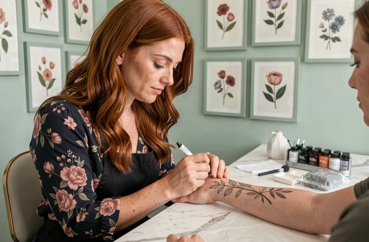 Tatoueur Narciss Ink réalisant un délicat dessin botanique en fine ligne sur le poignet d'une cliente dans son studio de Montpellier