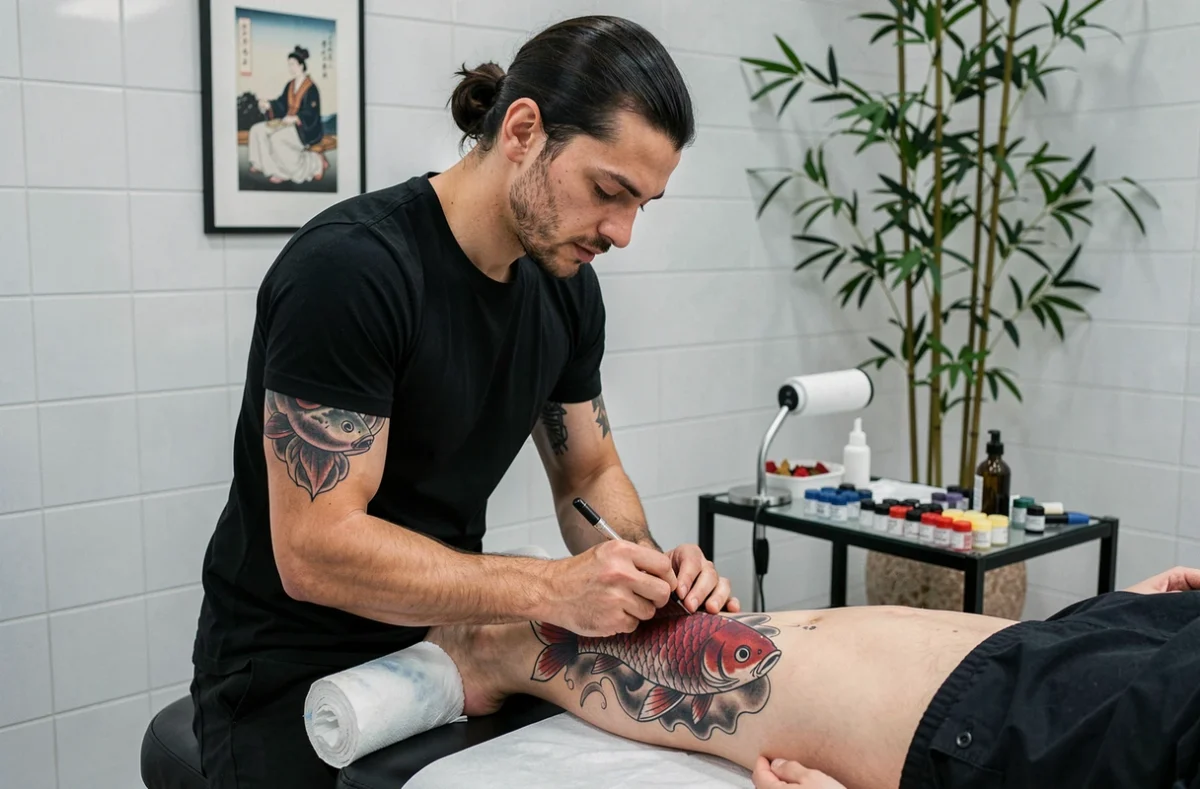 Nikkus Tattoo réalisant un tatouage japonais style koi sur la cuisse d'un client dans son studio épuré de Montpellier