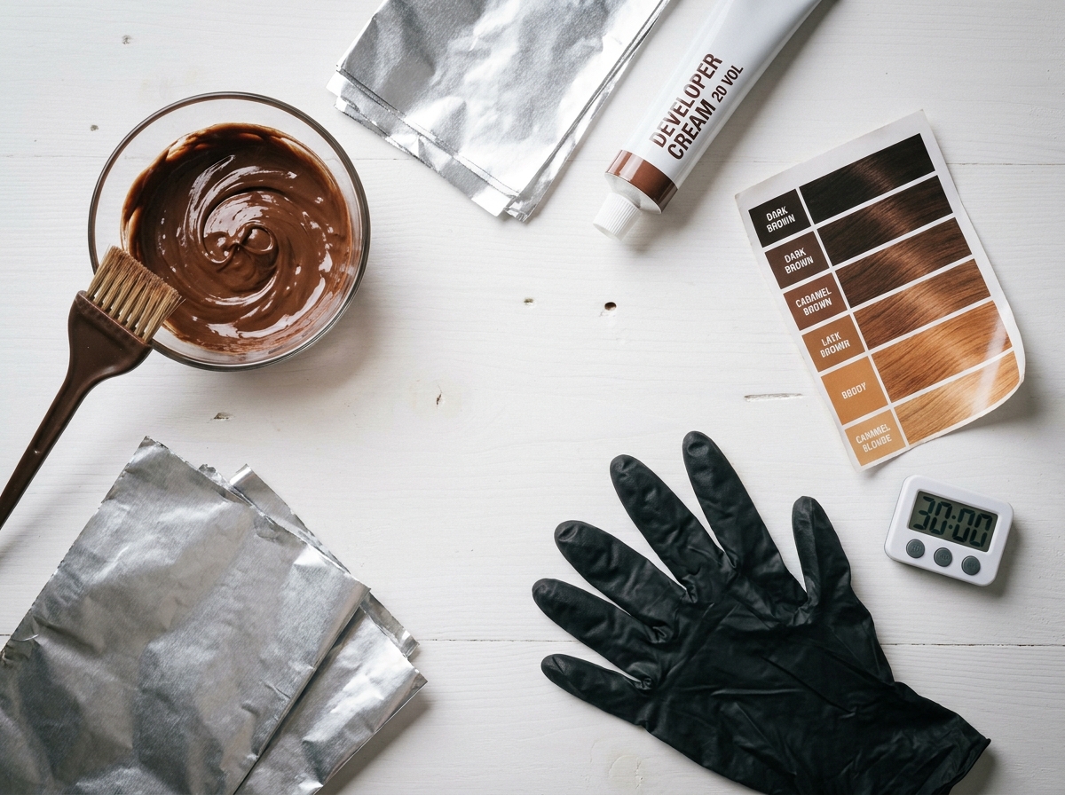 Flat-lay de produits et outils de coloration capillaire professionnelle sur surface en bois blanc