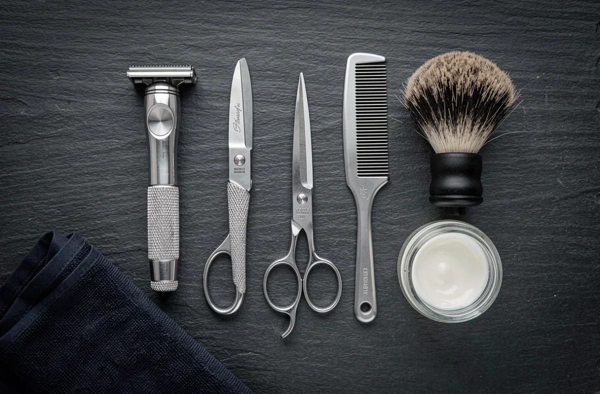 Présentation à plat des outils professionnels pour tailler un bouc : tondeuse, ciseaux, peigne et rasoir sur ardoise grise