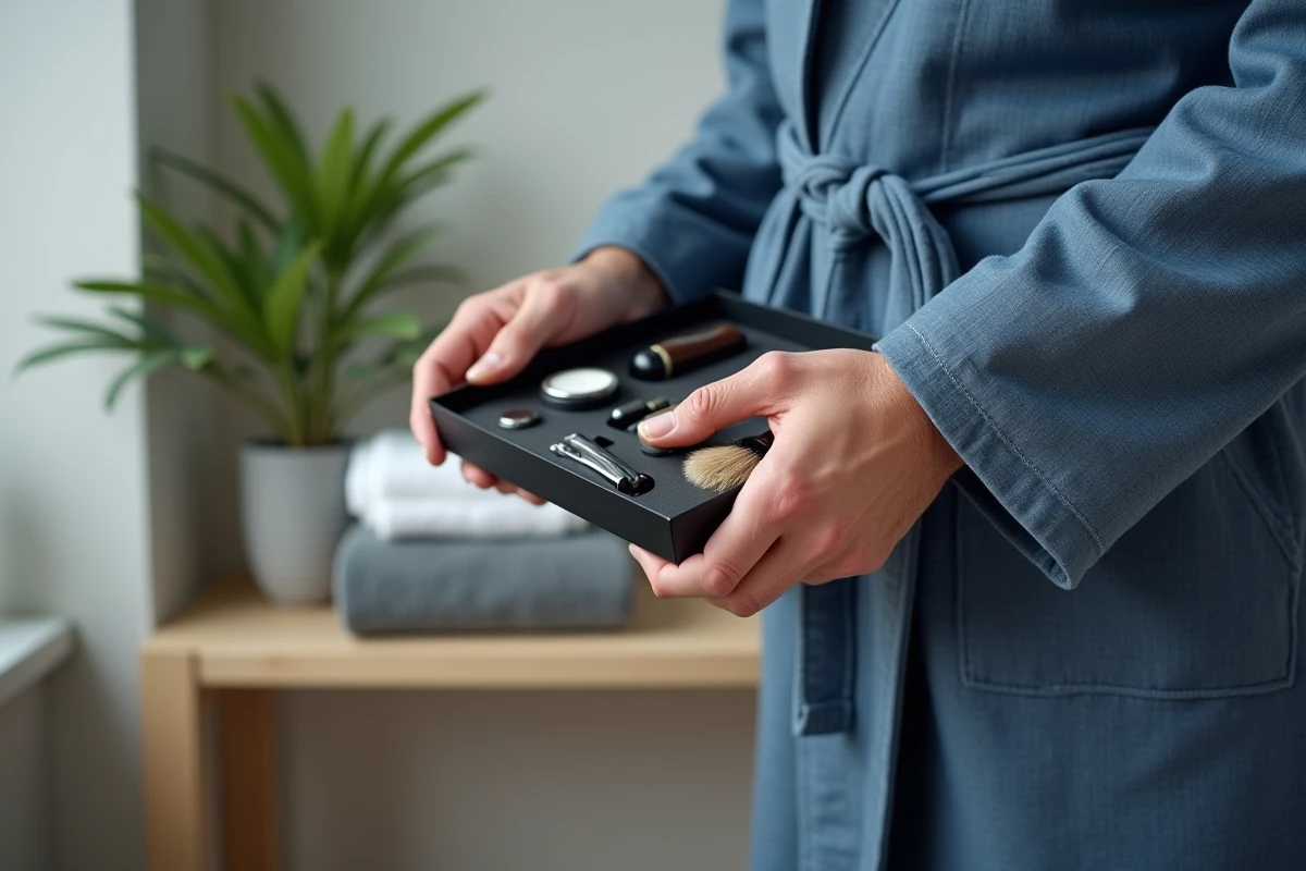 Main ouvrant un coffret de rasage pour homme en salle de bain