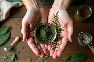 Bol de pâte de henné naturel vert foncé tenu dans une main avec motif de henné séché sur l'autre main, sur une table en bois avec ingrédients naturels