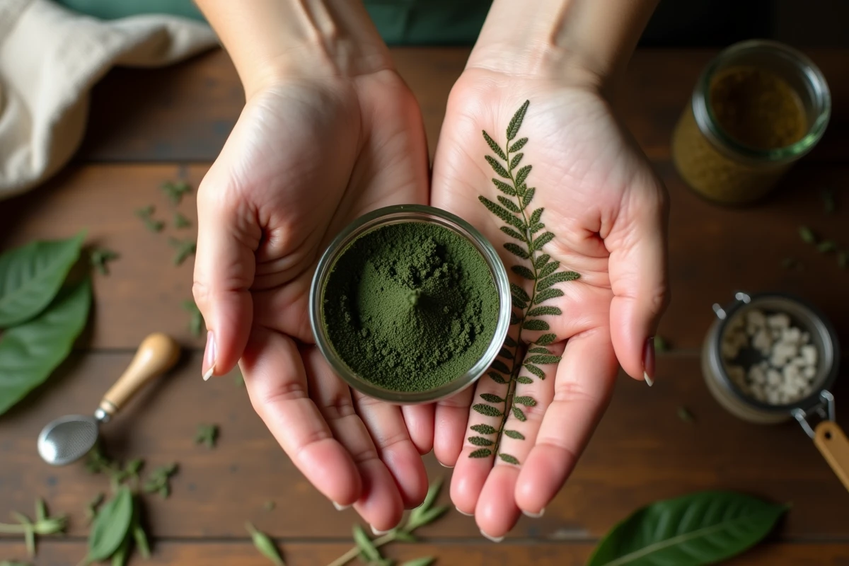 Bol de pâte de henné naturel vert foncé tenu dans une main avec motif de henné séché sur l'autre main, sur une table en bois avec ingrédients naturels