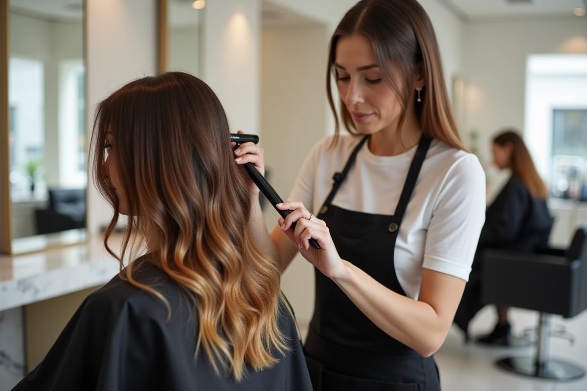 Coiffeuse appliquant une patine sur un balayage caramel en salon de coiffure moderne