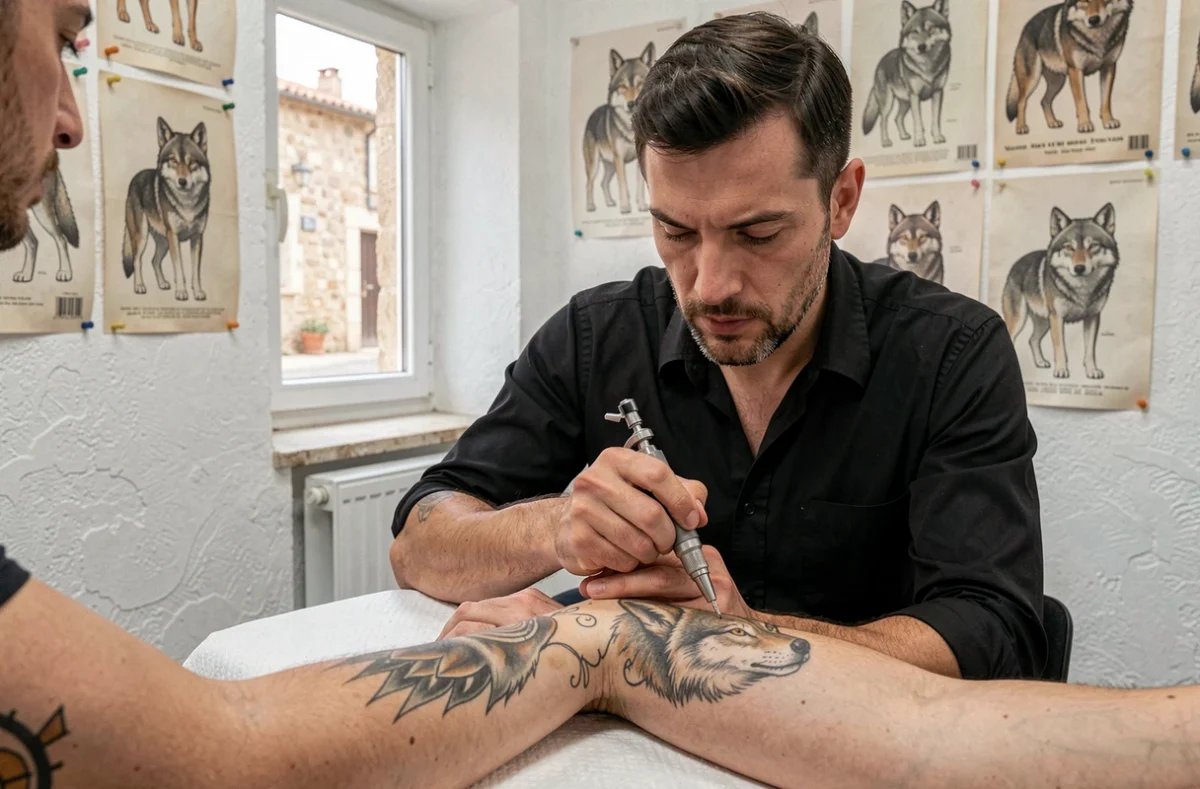 Tatoueur Paul Da Wolf en train de réaliser un tatouage de loup sur l'avant-bras d'un client dans son studio de Narbonne