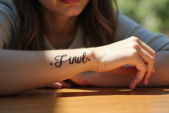 Poignet d'une femme avec tatouage d'écriture délicate
