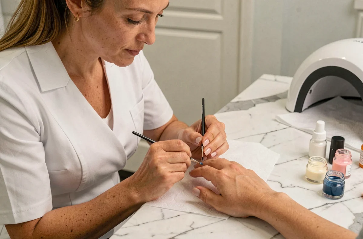 Pose de chablon gel sur ongle naturel par une technicienne professionnelle en salon de manucure