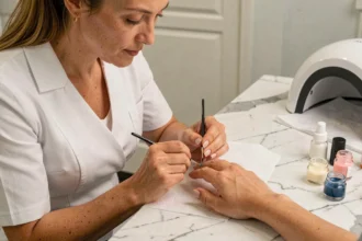 Pose de chablon gel sur ongle naturel par une technicienne professionnelle en salon de manucure