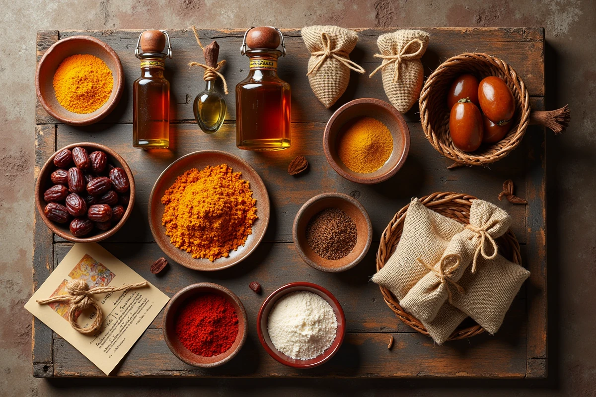 Vue en flat-lay de produits orientaux en gros incluant huile d'argan, épices et dattes sur une table en bois rustique