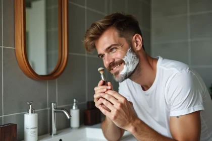Homme se rasant avec un pinceau à barbe et produits de soin