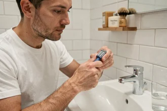 Homme rasant sa barbe légère avec un rasoir de sécurité à lame Treet au-dessus d'un lavabo en porcelaine blanche dans une salle de bain épurée
