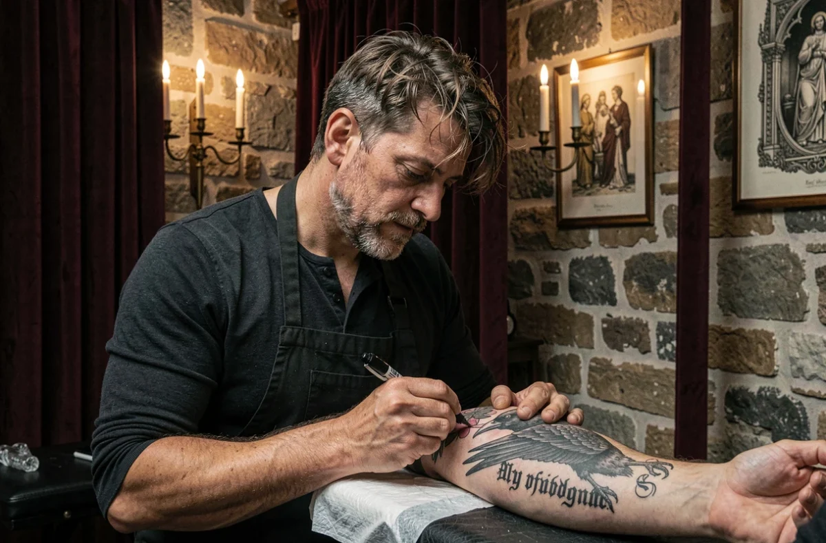Tatoueur Raven Tattoo travaillant sur un tatouage gothique corbeau et script sur l'avant-bras d'un client dans son studio sombre de Toulouse