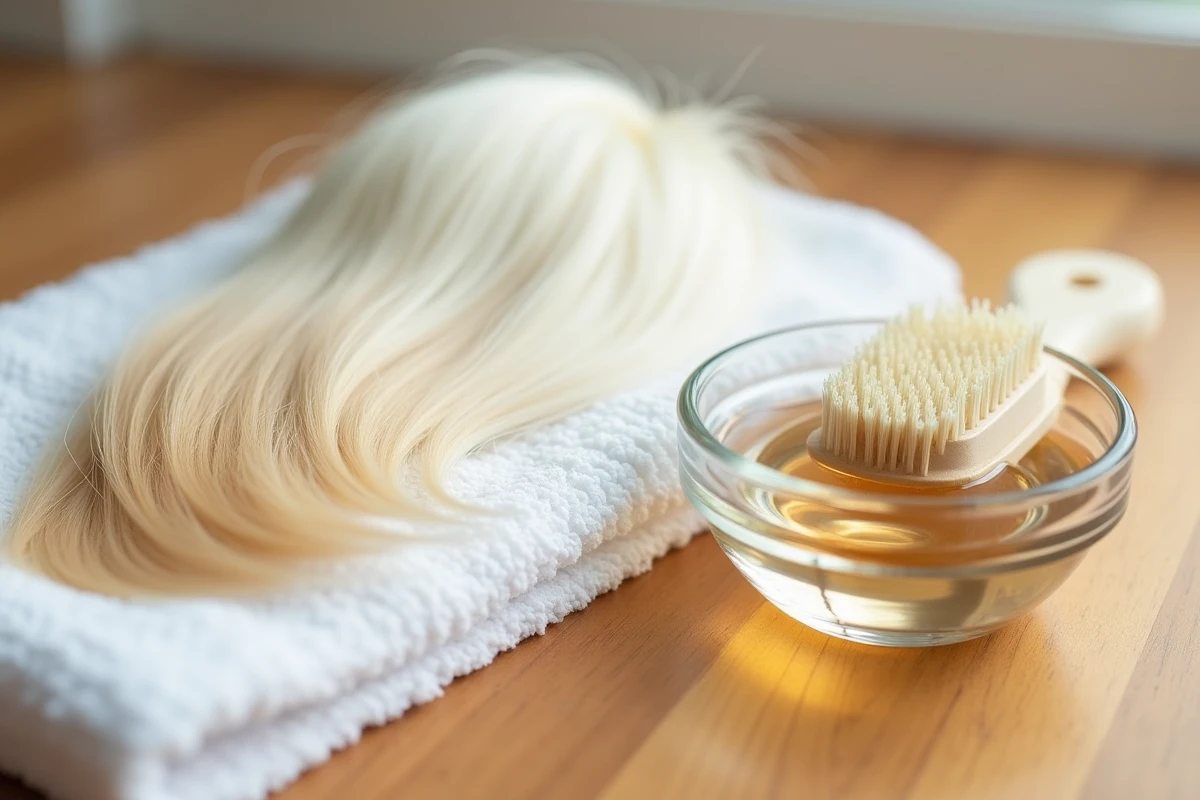 Gros plan sur des cheveux blancs légèrement teintés par la bétadine avec un bol de solution et un pinceau sur une surface en bois