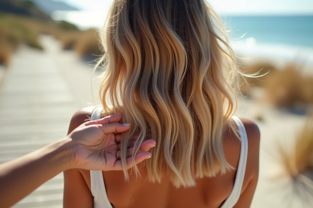 Gros plan sur cheveux ondulés texturés après application de spray au sel marin avec technique de scrunching pour un effet beach waves