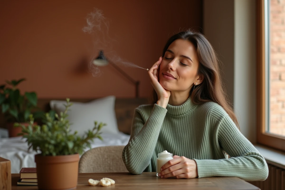Femme appliquant une crème visage naturelle Zaturelle dans un coin cosy de chambre, rituel beauté quotidien