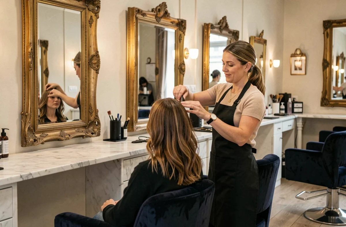 Styliste élégante coiffant une cliente dans le salon Ruhlmann Élégance à Guérande, avec miroirs dorés et décor raffiné