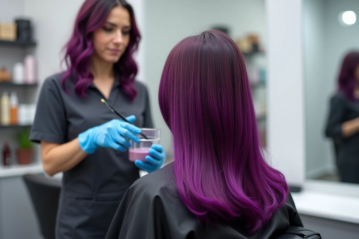 Coloriste professionnelle appliquant une couleur violines foncée dans un salon de coiffure haut de gamme
