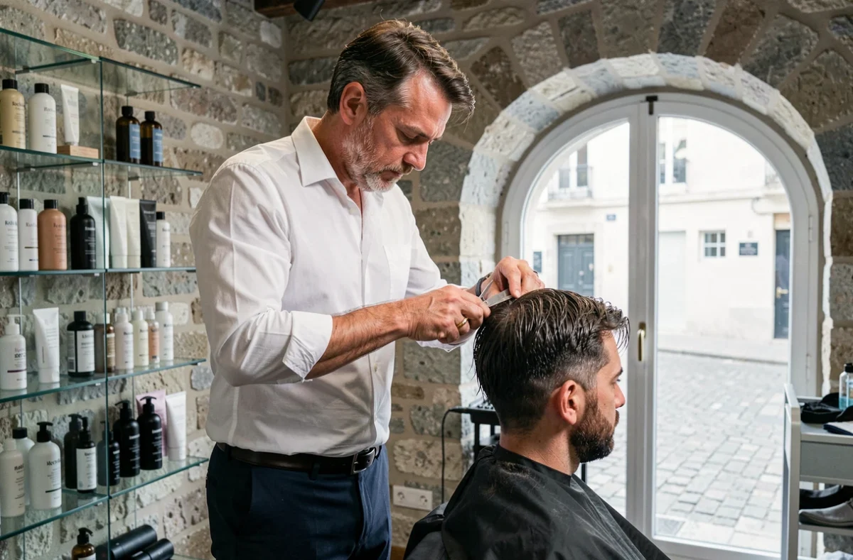Stéphane, coiffeur à La Rochelle, en train de couper les cheveux d'un client dans son salon aux murs en pierre