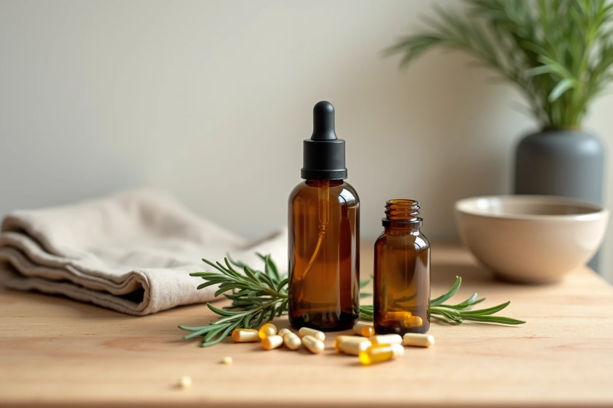 Sérum capillaire et compléments alimentaires pour la repousse des cheveux disposés en flat lay sur bois