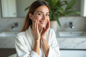 Femme se massant le visage avec douceur dans une salle de bain lumineuse