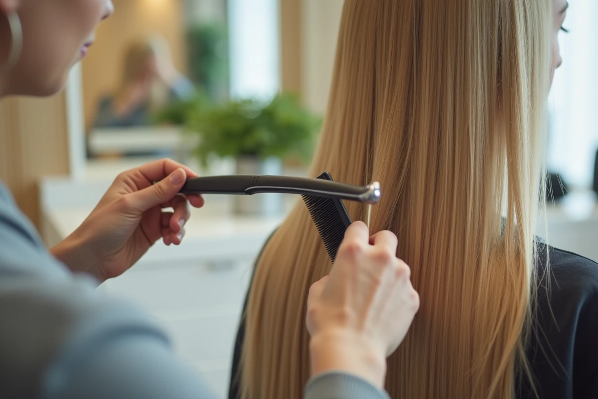 Coiffeuse appliquant un soin volumisant sur une chevelure blonde longue et fine dans un salon moderne