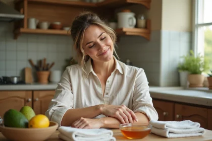 Femme appliquant une creme maison sur le bras dans une cuisine lumineuse
