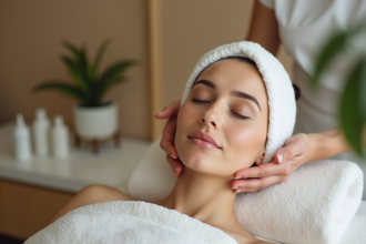 Femme recevant un soin du visage dans un studio moderne