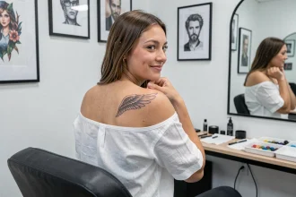 Jeune femme dévoilant son tatouage ailes d'anges dans le dos dans un studio de tatouage moderne