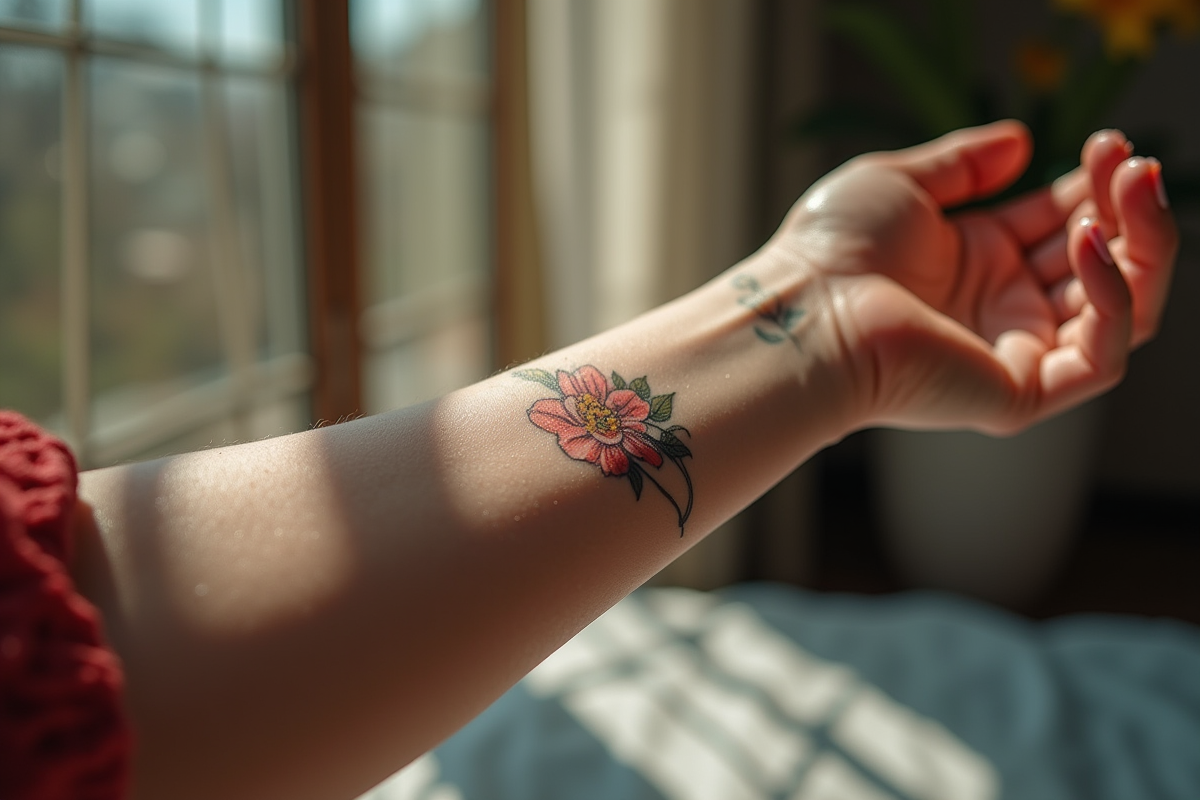 Tatouage floral délicat sur le poignet d'une femme