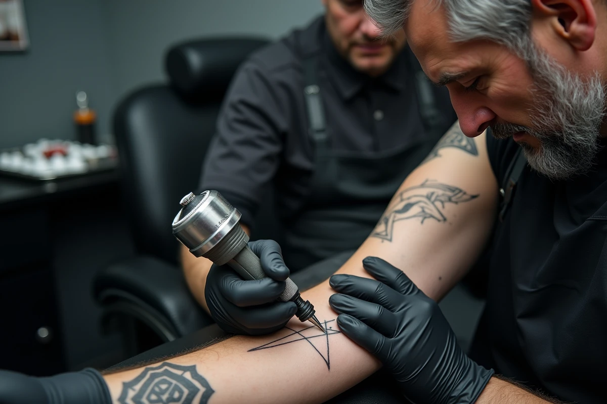 Tatoueur professionnel réalisant un tatouage trois triangles valknut sur le bras d'un client dans un salon de tatouage moderne