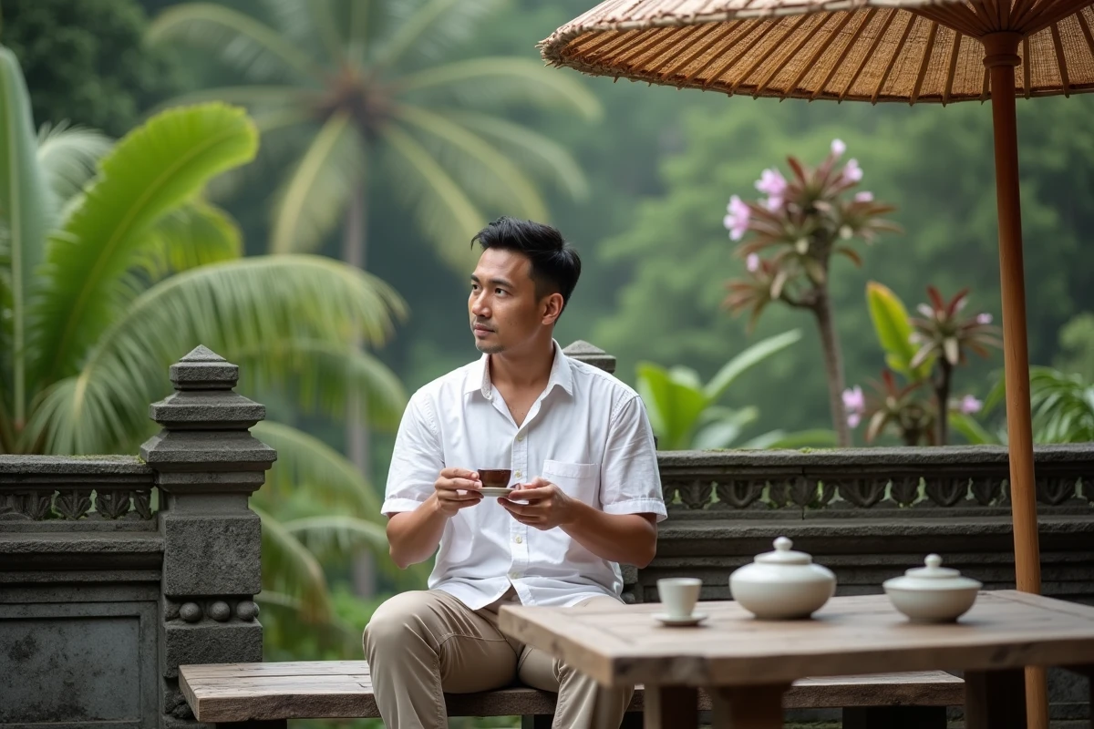 Homme savourant une tasse de thé au jasmin sur une terrasse balinaise en pierre entourée de verdure tropicale