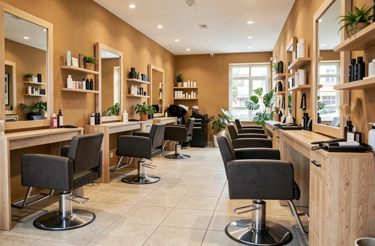 Intérieur d'un salon de coiffure moderne en Meurthe-et-Moselle, avec des fauteuils de coiffage, miroirs et produits capillaires professionnels
