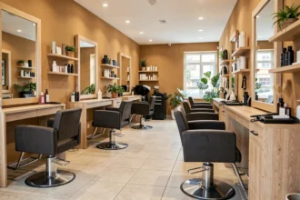 Intérieur d'un salon de coiffure moderne en Meurthe-et-Moselle, avec des fauteuils de coiffage, miroirs et produits capillaires professionnels