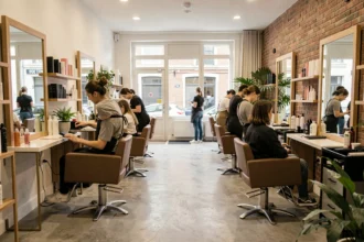 Vue d'ensemble d'un salon de coiffure moderne en Loire-Atlantique avec plusieurs coiffeurs au travail